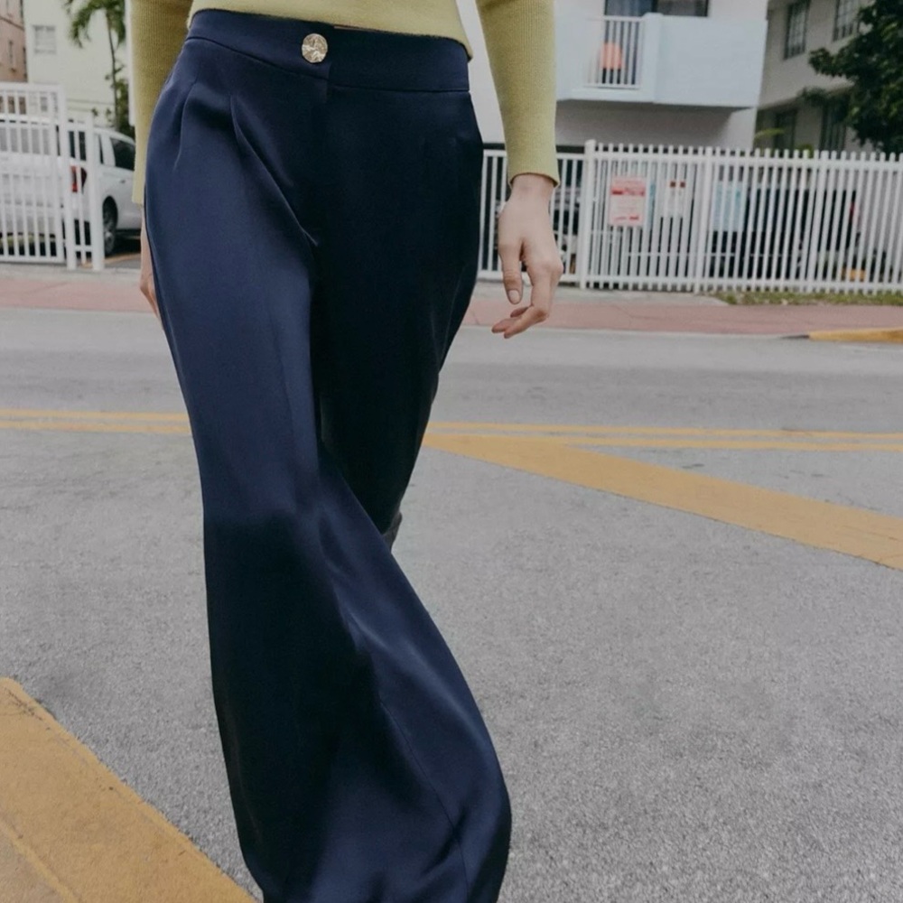 Zara Navy Wide-Leg Satin Pants - Picture 4 of 8
